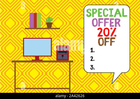 La scrittura della nota mostra offerta speciale 20% di sconto. Il concetto di business per sconti promozione vendite Retail Marketing offerta computer desktop con di legno Foto Stock