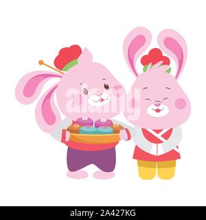 Cartoon conigli giovane con mooncakes Illustrazione Vettoriale
