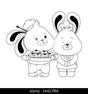 Cartoon conigli giovane con mooncakes Illustrazione Vettoriale