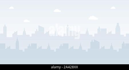 Moderno paesaggio urbano piatta illustrazione vettoriale. Foggy metropoli panorama, misty midtown cityscape sfondo decorativo concetto con copyspace. Quartiere degli affari di edifici, grattacieli silhouette Illustrazione Vettoriale