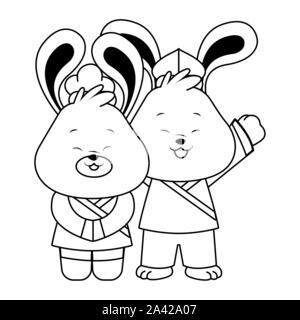 Cartoon conigli con icona di kimono, design piatto Illustrazione Vettoriale