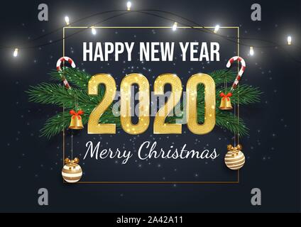 Felice anno 2020 greeting card modello. Buon Natale cartolina, dicembre vacanza il concetto di banner. Decorate Abete rami, garland e caramello canne illustrazione realistica con la tipografia Illustrazione Vettoriale