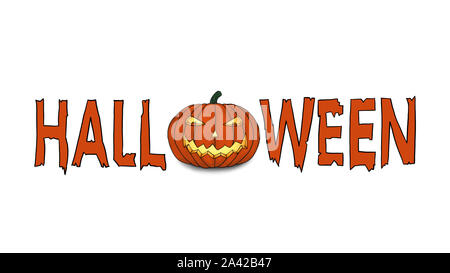 Scary Halloween Testo con spooky grinning zucca isolati su sfondo bianco. Può essere utilizzato per l'invito, poster, titolo scheda, cartolina, ecc. Foto Stock