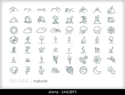 Set di 50+ natura le icone della linea di piante, alberi, fiori, meteo, paesaggi, montagne e il Parco Nazionale di siti Illustrazione Vettoriale
