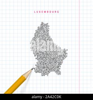 Lussemburgo schizzo scribble mappa tracciata sulla scuola a scacchi notebook lo sfondo della carta. Disegnata a mano mappa vettoriale del Lussemburgo. 3D realistiche matita. Illustrazione Vettoriale