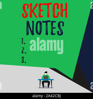 Testo della scrittura Sketch note. Foto concettuale prendere appunti visivi Combinazione di prendere appunti e progettazione vista giovane uomo Poltrona scrivania ope Foto Stock
