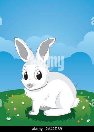 Cartoon carino coniglio bianco sul prato primavera con fiori. Illustrazione Vettoriale