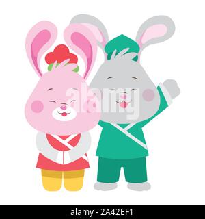 Cartoon conigli con icona di kimono, design piatto Illustrazione Vettoriale
