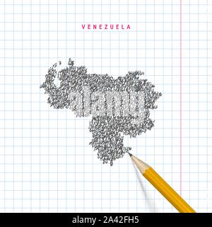 Venezuela schizzo scribble mappa tracciata sulla scuola a scacchi notebook lo sfondo della carta. Disegnata a mano mappa vettoriale del Venezuela. 3D realistiche matita. Illustrazione Vettoriale