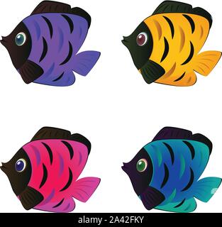 Set di colorati pesci ornamentali su sfondo bianco. Illustrazione Vettoriale