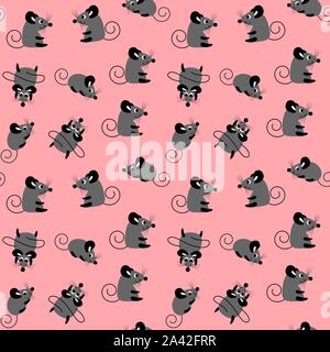 Modello senza cuciture con Cartoon carino topi. Simbolo del nuovo anno 2020. Funny ratti isolati su sfondo rosa. Vettore di piana illustartion. Illustrazione Vettoriale