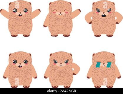 Cartoon kawaii marmotta in diverse pose design illustrazione. Illustrazione Vettoriale