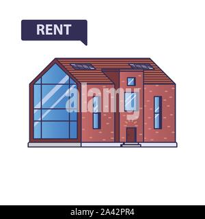 Casa moderna con una grande finestra panoramica con segno affittare su uno sfondo bianco disegnato in uno stile piatto Illustrazione Vettoriale
