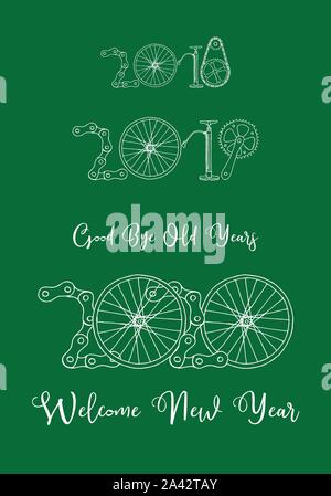 Addio Anno Vecchio e benvenuto Nuovo anno 2020 illustrazione vettoriale, noleggio disegnati a mano su sfondo verde Illustrazione Vettoriale