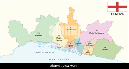 Mappa amministrativa del capoluogo Ligure genova con bandiera italia Illustrazione Vettoriale