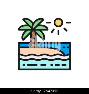 Spiaggia con palme paesaggio colore piatto icona linea. Illustrazione Vettoriale