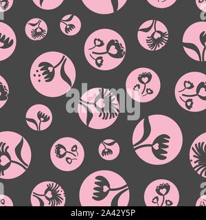 Vettore senza giunture polka dots pattern con forme floreali e cuori in grigio e rosa Illustrazione Vettoriale