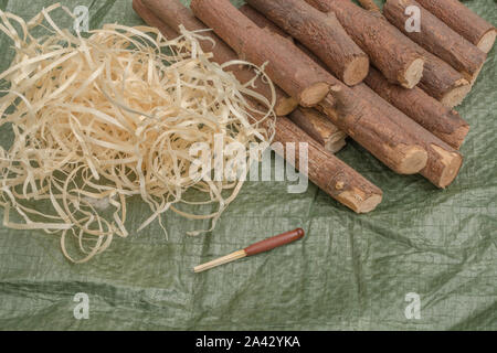 Capacità di sopravvivenza. Corrispondenze Stormproof / fiammiferi impermeabile & dry tinder / illuminò. La metafora del fuoco di sopravvivenza, firelighting emergenza, personal bugout bag Foto Stock