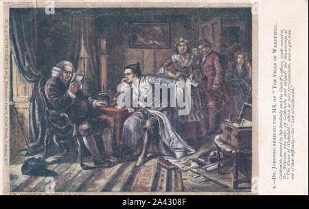 Vintage cartolina Colore del Dr Johnson la lettura del manoscritto MS di 'Il Vicario di Wakefield'. Samuel Johnson, 1709 - 1784. Foto Stock