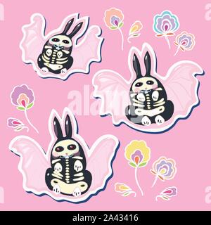 Vettore senza soluzione di continuità il giorno dei morti kawaii set di caratteri con disegnati a mano bat bunny, shugar scull e floreali. Divertente e felice di design per la vostra festa perfetta. Illustrazione Vettoriale