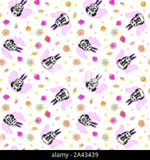 Vettore senza soluzione di continuità il giorno dei morti kawaii pattern con disegnati a mano bat bunny, shugar scull, testa di gatto e stella. Divertente e felice di design per la vostra festa perfetta. Illustrazione Vettoriale