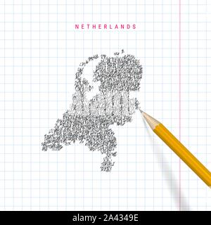 Paesi Bassi lo schizzo scribble mappa tracciata sulla scuola a scacchi notebook lo sfondo della carta. Disegnata a mano mappa vettoriale dei Paesi Bassi. 3D realistiche matita. Illustrazione Vettoriale