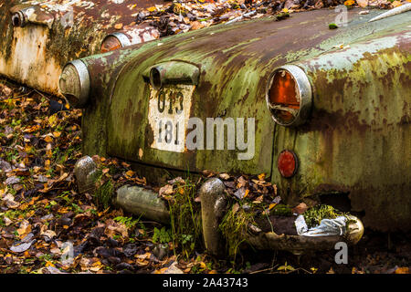 Vecchio rottame metallico di vetture in un legno Foto Stock