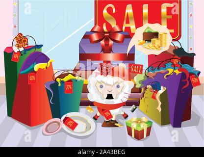 Scioccato pecore bianche speso tanto denaro in department store. Illustrazione Vettoriale