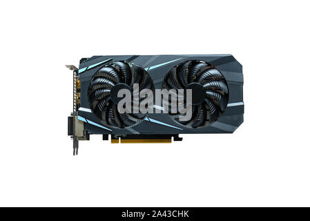 Computer graphics card isolato. Scheda moderna con due ventole di raffreddamento. Foto Stock