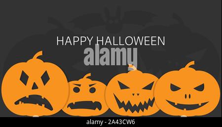 Spooky happy Halloween card con jack-o-lantern zucche e bat su sfondo scuro illustrazione vettoriale Illustrazione Vettoriale