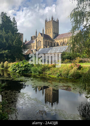 Cattedrale di Wells si riflette nel Palazzo del Vescovo fossato, Pozzi Foto Stock