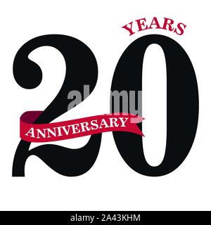 Numero aureo venti anni celebrazione dell anniversario sul cerchio bianco carta banner con nastro color oro. Realistico palloncini rossi con nastro su bianco Illustrazione Vettoriale