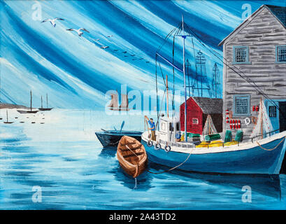 Stile Folk pittura di tipiche barche di pescatori e baracche in un porto. Foto Stock