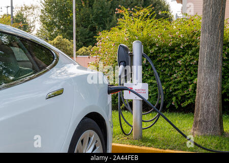 Tesla auto elettrica, E-auto carica presso la stazione di ricarica con cavo di ricarica, Bussolengo, Veneto, Italia, Europa Foto Stock