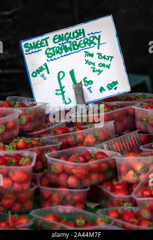 LONDRA, Regno Unito - 16 SETTEMBRE 2018: Puntini di fragole fresche su un mercato Stall con etichetta di prezzo Foto Stock