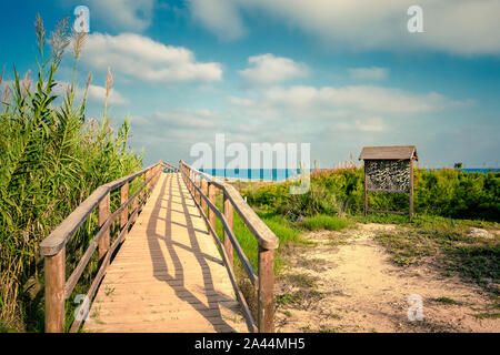 Paesaggio di ponte di legno per accedere alla spiaggia attraverso le dune di sera Foto Stock