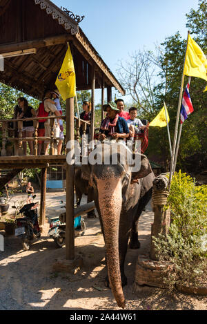 Hua Hin, Tailandia - 28 dicembre 2015: turisti equitazione elefante a Elephant Foundation Foto Stock