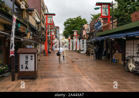 Tokyo, Giappone - 29 AGO 2016: strada laterale con Kanoya Udon Shop (testo su billboard) e negozi di souvenir vicino al Tempio di Senso-ji, il quartiere di Asakusa. Piccolo st Foto Stock