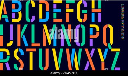 Font Stencil. Colorato alfabeto condensato e font di linea Illustrazione Vettoriale