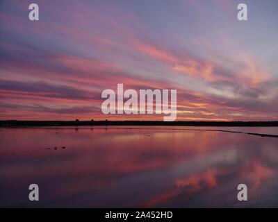 Vista aerea del drone shot sulla superficie di acqua in Twilight, ora d'oro del tramonto. Vista stupefacente, firth superficie riflettente majestic rosso e rosa nuvole. Foto Stock