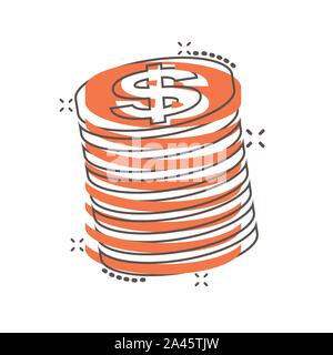 Monete icona dello stack in stile fumetto. Dollar coin vettore illustrazione cartoon pittogramma. Soldi impilati l'idea di business effetto splash. Illustrazione Vettoriale