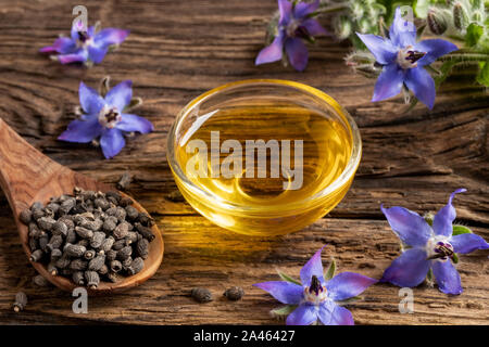 Una coppa di olio di borragine, semi freschi e rigogliosa pianta Foto Stock