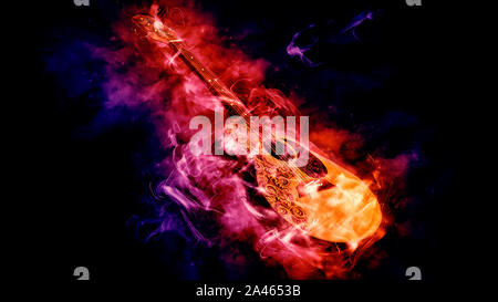 Acustica chitarra classica in fumo su sfondo nero - 3d rendering Foto Stock