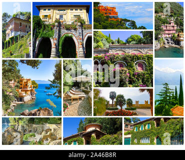 Collage su belle ville o case colorate in Italia Foto Stock