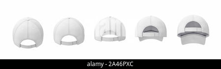 3D rendering del bianco cinque cappellini da baseball mostrato in una riga in una vista posteriore in diverse angolazioni. Diversi i cappelli da baseball. Sport headwear. Berretto da baseball v Foto Stock