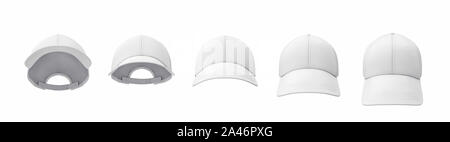 3D rendering del bianco cinque cappellini da baseball mostrato in una linea in vista frontale ma in diverse angolazioni. Diversi i cappelli da baseball. Sport headwear. Il baseball Foto Stock