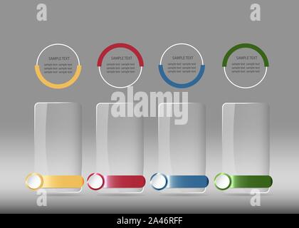 Infografico che mostra di vettore vuoto quattro cerchi di colore e verticale di vetro trasparente di rettangoli colorati strisce di metallo pronto per il tuo testo. Illustrazione Vettoriale