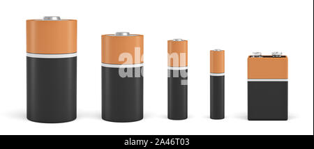 3D rendering di cinque standard batterie compatte in bianco e nero e colore arancione di diverse dimensioni. Alimentazione di energia. Home appliances. Per la sostituzione delle batterie. Foto Stock