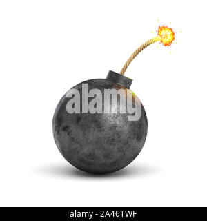 3D rendering di un realistico di ferro nero bomba rotondo con un acceso bruciando il fusibile su sfondo bianco. Distruzione e pericolo. Armi e munizioni. Esplosioni. Foto Stock