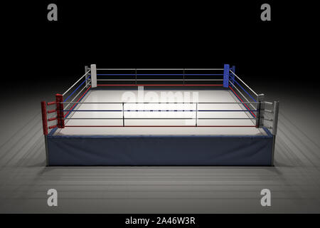 3D rendering di un vuoto di pugilato ring al buio con il suo centro protagonista. Visualizza la notte. Incontro di pugilato. A tarda notte la concorrenza di combattimento. Foto Stock